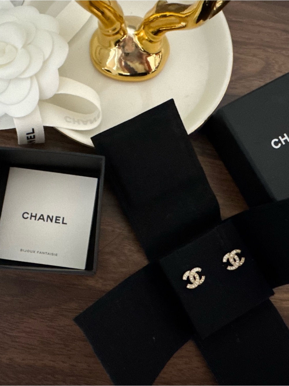CHANEL Gold CC Crystal Stud Earrings